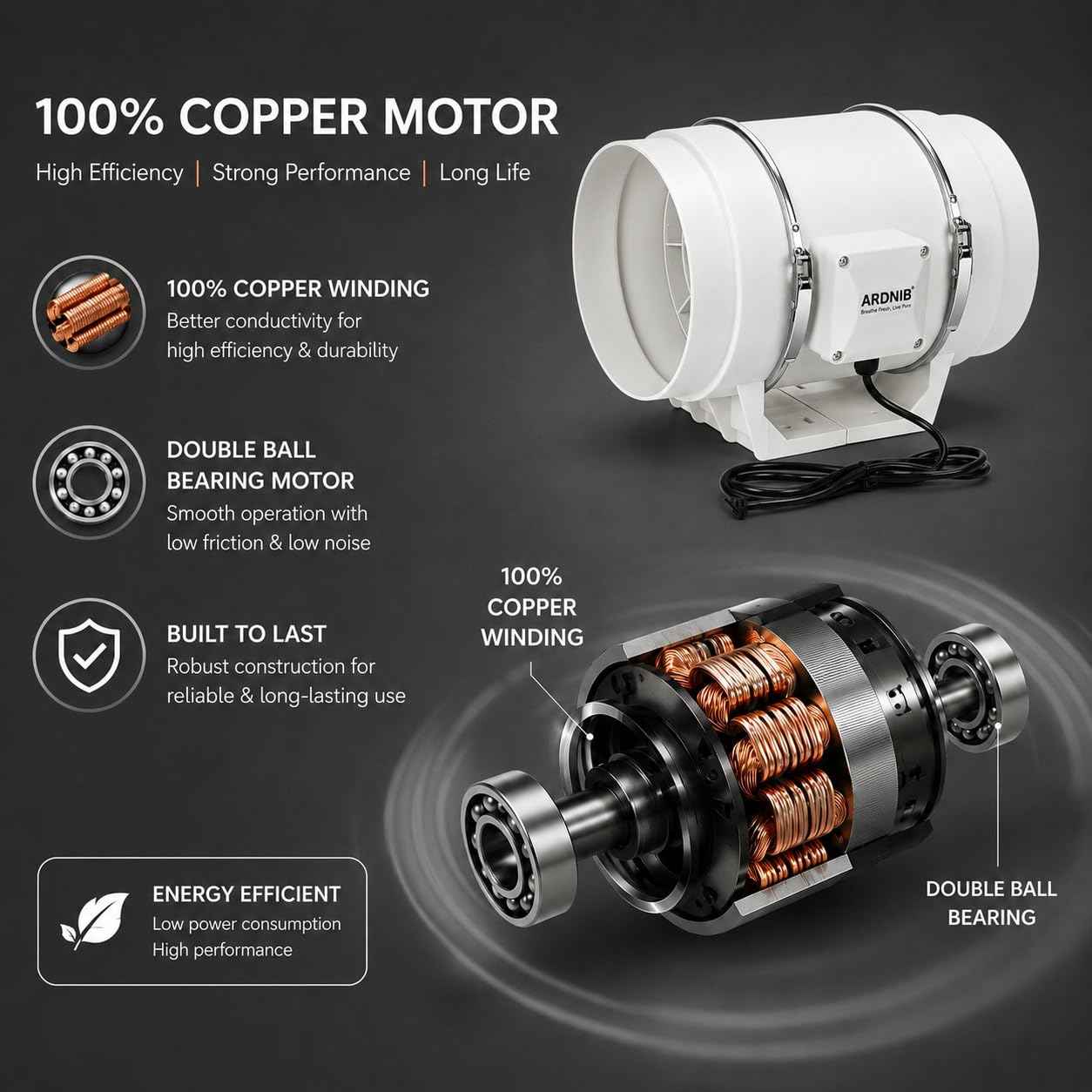 Inline fan (10"/250mm) Silent Mix Flow/Inline Duct Fan/Exhaust Inline/Circular Inline Fan/Air Circulation System/Fresh Air System, White 2 Speed | 180W |Air Flow 1400m3/h | Copper Motor