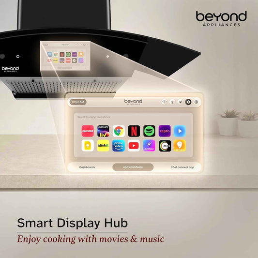 Beyond Appliances Asteria 90cm Auto Clean Kitchen Chimney | 1408 CMH Suction | Filterless | Curved Glass | Smart Screen & Speakers | Touch Control | Black Finish