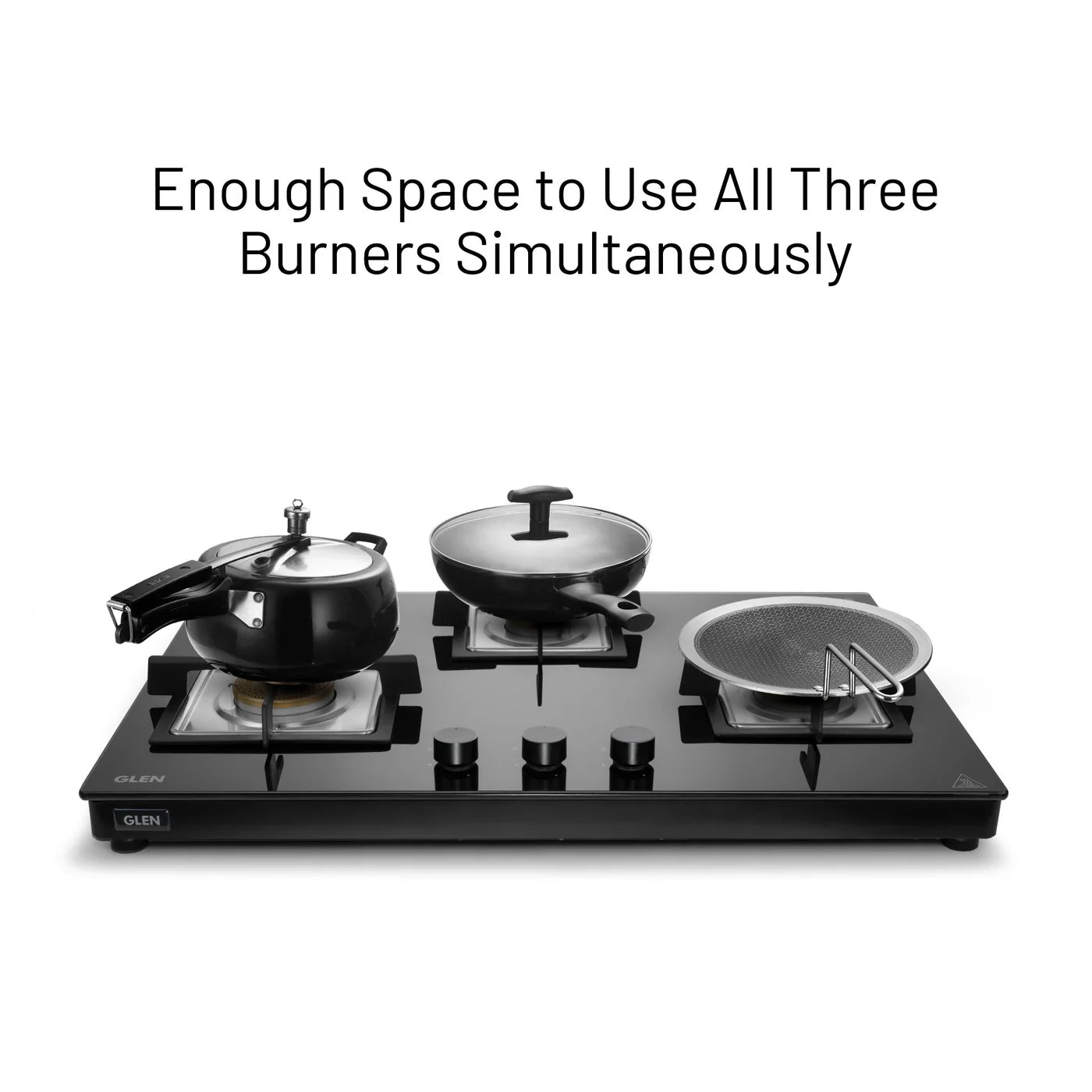 Glen 3 Burner Hob Ultra Slim Free Standing Auto Ignition Hob Top | Built-In Hob Free Standing Hob | 8 MM Toughened Glass | Black | Forged brass burners | Warranty 2 Years Standard | (BH1073USBL75)
