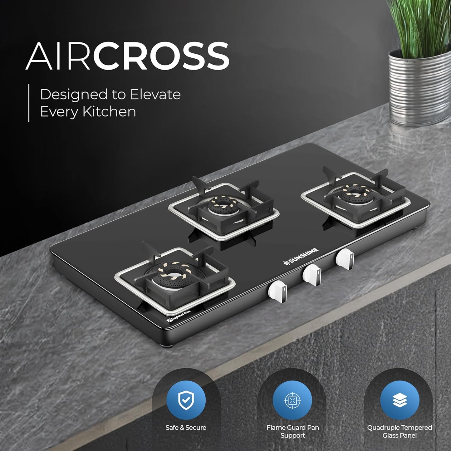 Sunshine Storm Aircross 3 Burner | Ultra Slimmest 3 Burner Gas Stove | Tempered Glass, Forged Brass Burner, 360°Rotating Brass Gas Nozzle | Manual Ignition | LPG Ready & PNG Compatible (Premium - Black)