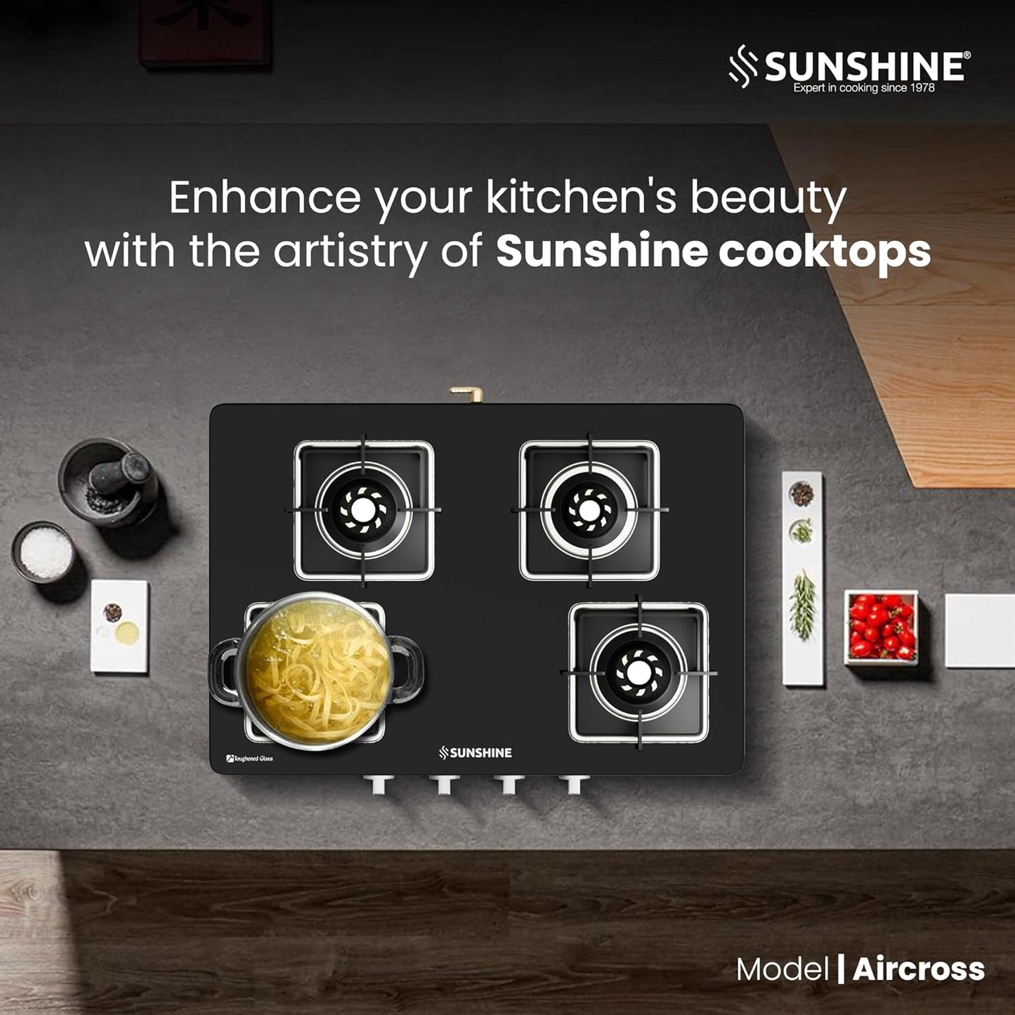 Sunshine Storm - Aircross 4 Burner | Ultra Slimmest 4 Burner Gas Stove | Tempered Glass, Forged Brass Burner, 360°Rotating Brass Gas Nozzle | Manual Ignition | LPG Ready & PNG Compatible (Premium - Black)