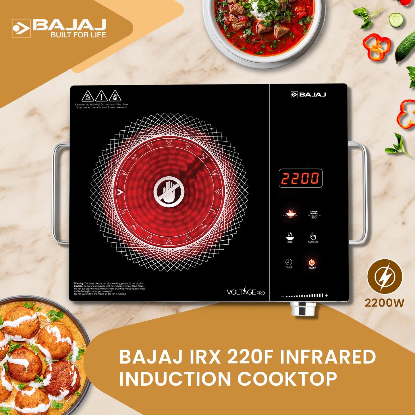 Bajaj IRX 220F Infrared Induction Cooktop | 2200 Watts | 11 Power Level | 3 Preset Menu | Feather Touch Controls | Digital display | 1 Year Warranty 【Black/Silver】