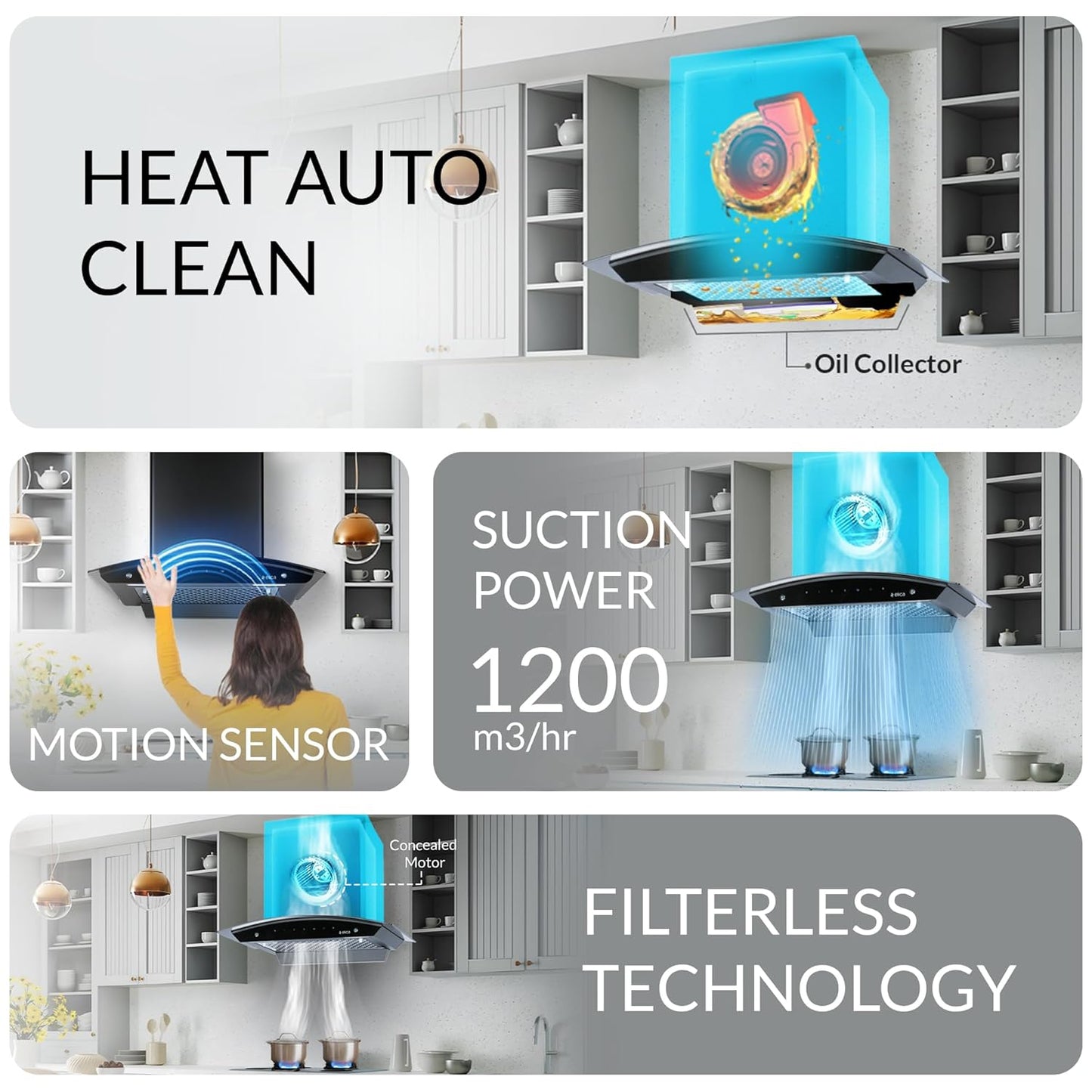 Elica 60 cm 1200 m3/hr Filterless Autoclean Kitchen Chimney (FL 600 SLIM HAC MS NERO, Touch + Motion Sensor Control, Black)