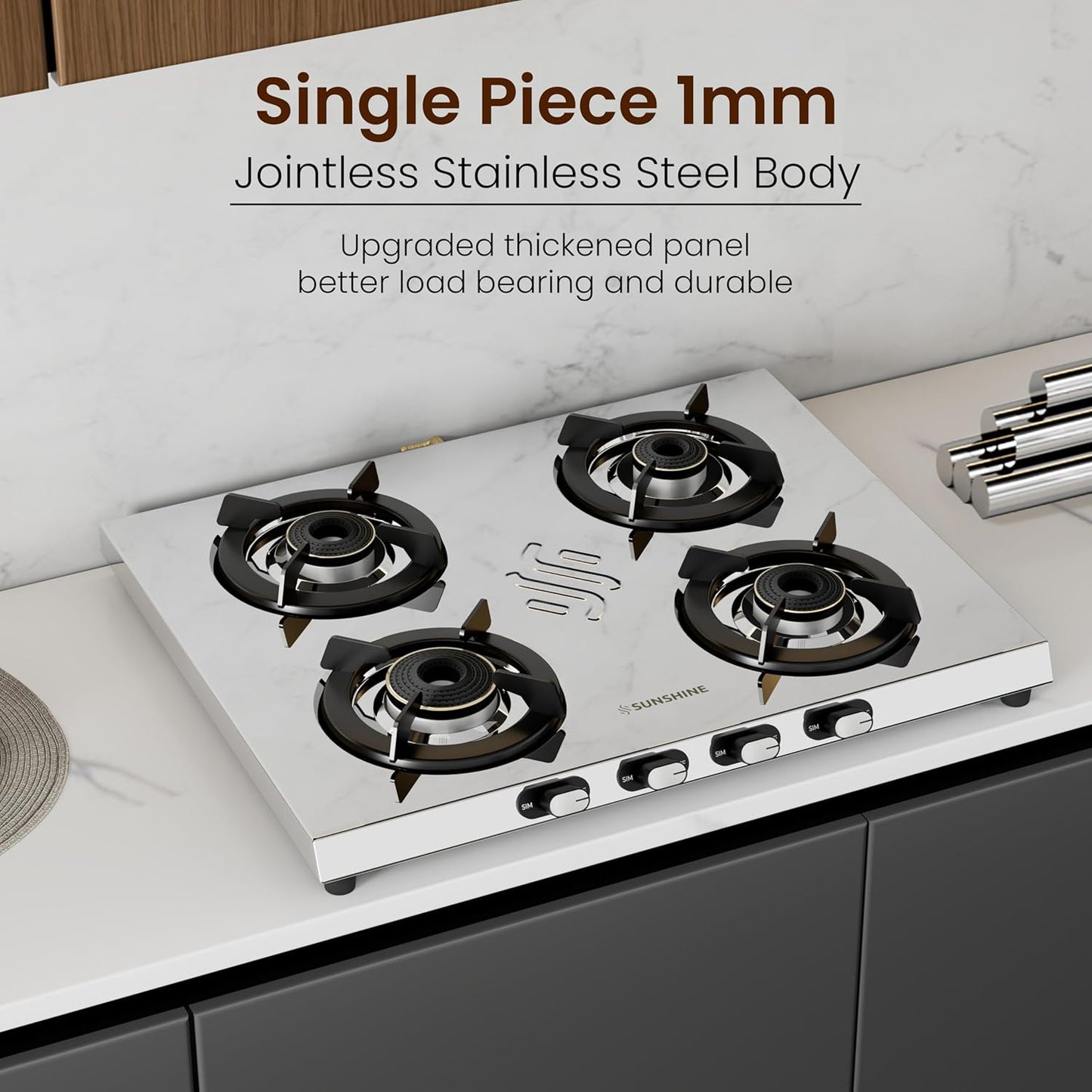Sunshine Brio Falcon 4 Burner | Ultra Slim 4 Burner Stainless Steel Gas Stove | Ergonomic Knob, Brass Burner, 5G Technology | Manual Ignition, LPG Ready & PNG Compatible (Silver)