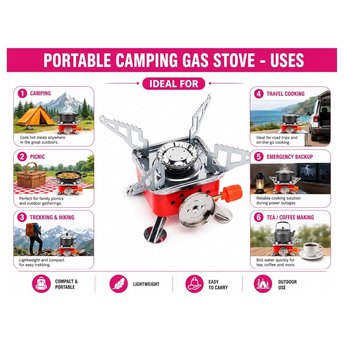 Portable Camping Gas Stove Butane Gas Stove with foldable burner Outdoor Cooking Camping Hiking Trekking with Safety Lock(with 2 butane gas)