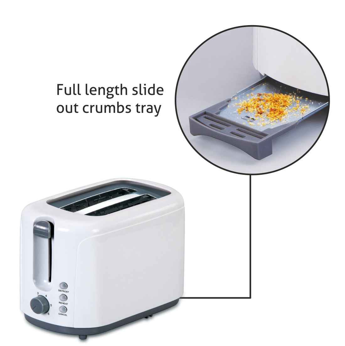 Electric Auto Pop-up 2 Slice Toaster, 750W, 6 Level Browning Control, Removable Crumb Tray - White (3019)