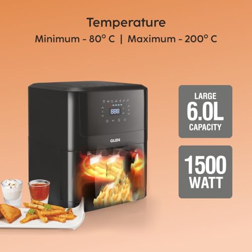 Glen Digital Air Fryer, 6.0 Litre Digital Controls, 7 Pre Set Menu Timer, Temperature Control, 1500W -Black (SA-3042DBL) 6 L