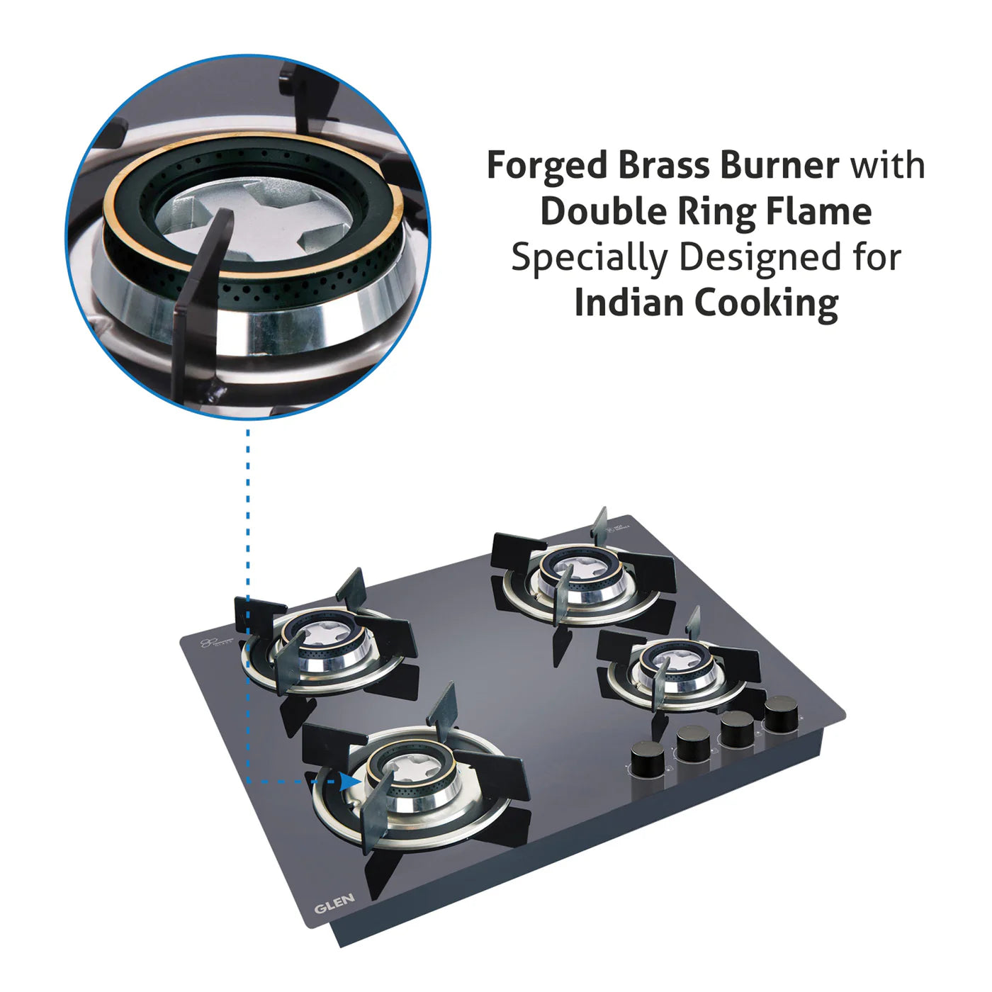 4 Burner Glass Hob Top with Double Ring Forged Brass Burner Auto Ignition (1064 RO HT DB)