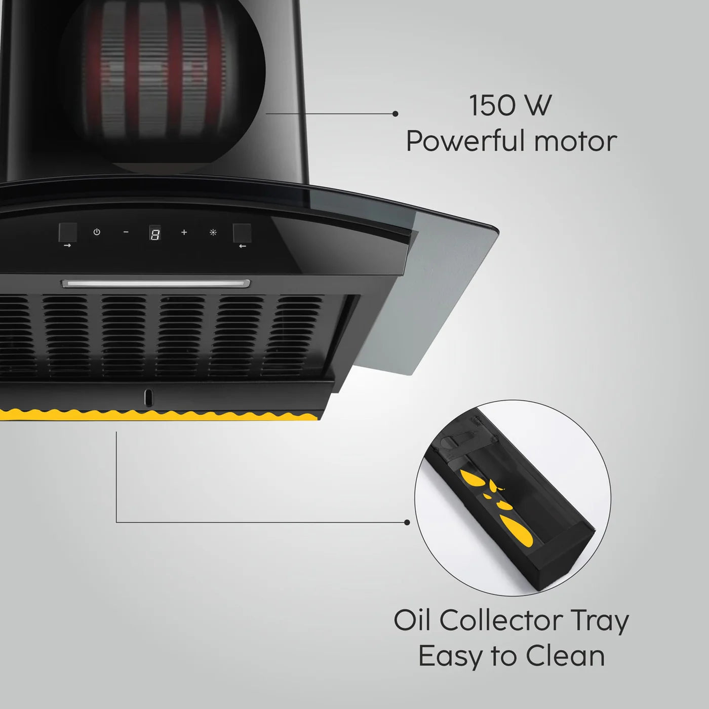 Auto Clean Curved Glass Filter less Kitchen Chimney, Motion Sensor control with Digital Display 60/76/90cm, 1200 m3/h (6058 DI BL AC)