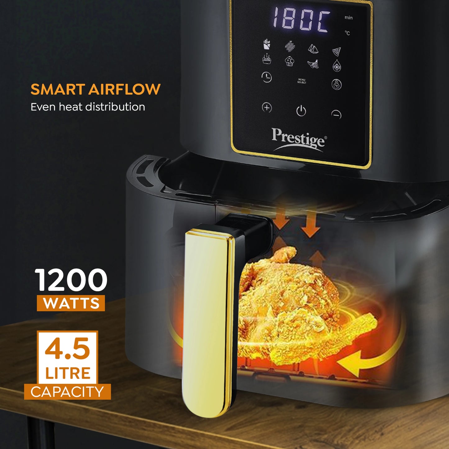 Prestige Nutrifry Digital Air Fryer 4.5L with Touch Panel, 8 Preset Modes & 1200W Power