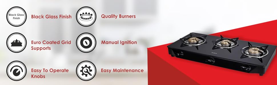 Elica Vetro 3 Burner Gas Stove (7031 CT VETRO Black) | Manual Ignition | Toughened Glass Top | High-Efficiency Brass Burners | Elegant Design | 2-Year Warranty
