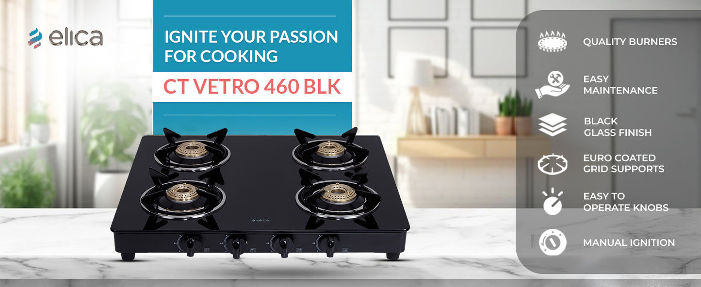 Elica Vetro Glass Top 4 Burner Gas Stove (CT VETRO 460 BLK)Open,Black