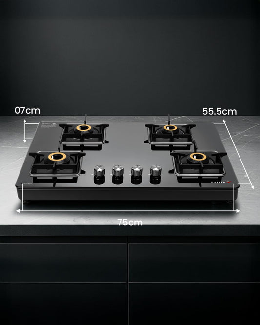 Sujata Premium 4 Burner Gas Stove | Auto Ignition | 8mm Glass Top | 9 Yr Warranty
