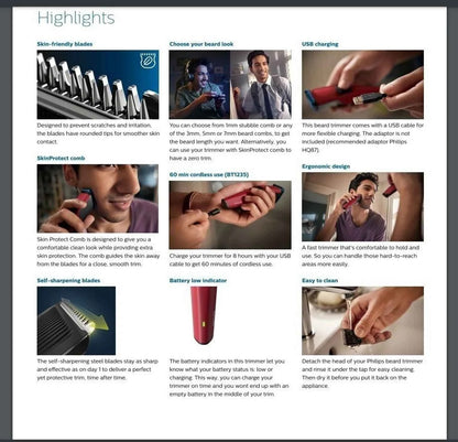 PHILIPS BT1235/18 Trimmer 60 min  Runtime 4 Length Settings (Maroon)