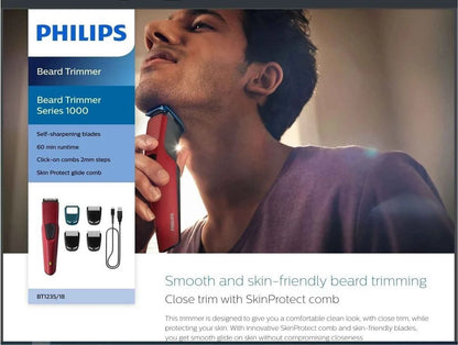 PHILIPS BT1235/18 Trimmer 60 min  Runtime 4 Length Settings (Maroon)