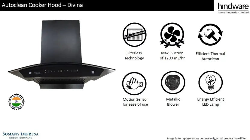 Hindware DIVINA 60CM 1200CMH WITH MOTION SENSOR ( LAUNCH YEAR 2022 ) Auto Clean Wall Mounted BLACK 1200 CMH Chimney