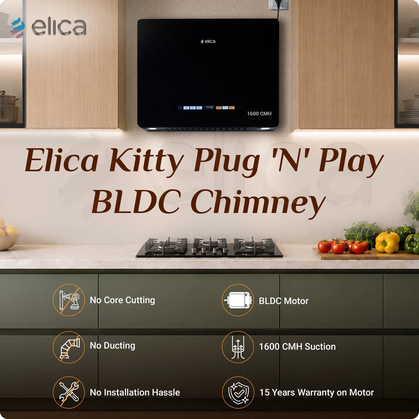 Elica KITTY PLUG N PLAY BF 600 BLDC HAC LTW MS NERO 1600 CMH 60 cm Auto Clean Chimney (Wall Mounted, Black)