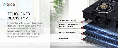 Elica Vetro Glass Top 4 Burner Gas Stove (CT VETRO 460 BLK)Open,Black
