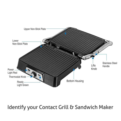 Electric Contact Grill & Sandwich Maker with 180-degree opening, Non-Stick Plates, 2000w - Silver (3037)