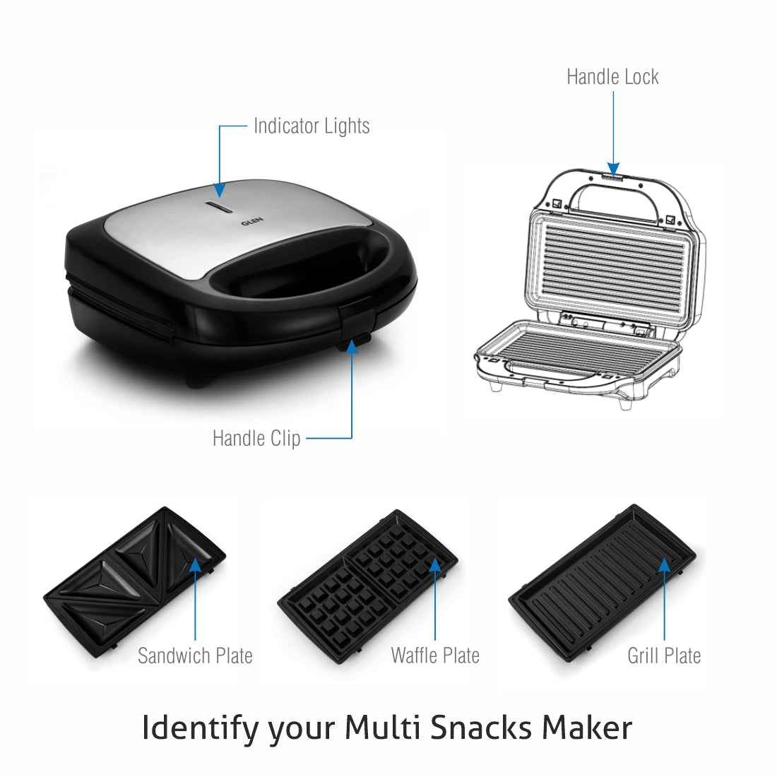 Electric Multi Snack Maker with 3 sets of Sandwich, Grill & Waffle Non-Stick Plates, 750w - Black (3022 MSM)