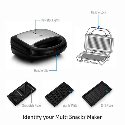 Electric Multi Snack Maker with 3 sets of Sandwich, Grill & Waffle Non-Stick Plates, 750w - Black (3022 MSM)