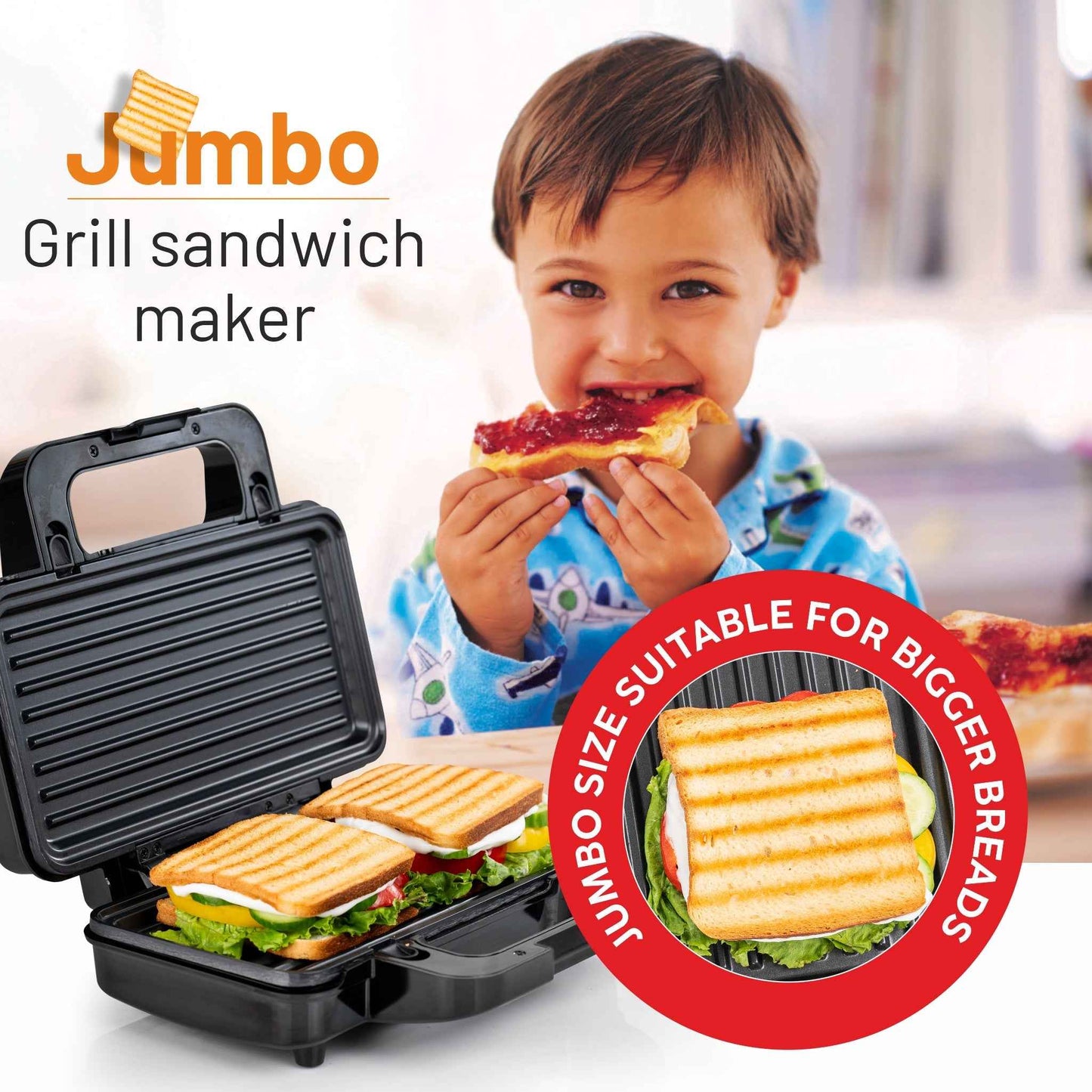 Electric Jumbo Sandwich Maker Grill with Non-Stick Coating Plates, 1000W - (SA3025JGRILL)