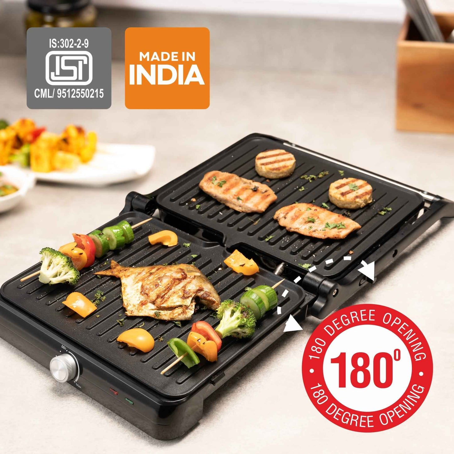 Electric Contact Grill & Sandwich Maker with 180-degree opening, Non-Stick Plates, 2000w - (SA3031INCG)
