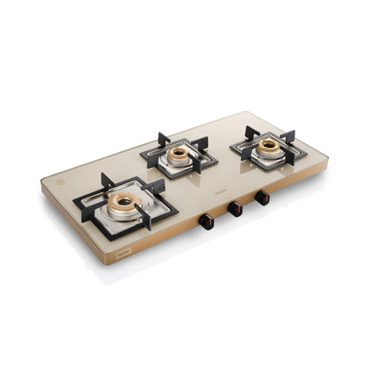 3 Burner Ultra Slim Apricot Glass Gas Stove with High Flame Forged Brass Burner - Manual / Auto Ignition (CT1035US)