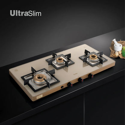 3 Burner Ultra Slim Apricot Glass Gas Stove with High Flame Forged Brass Burner - Manual / Auto Ignition (CT1035US)