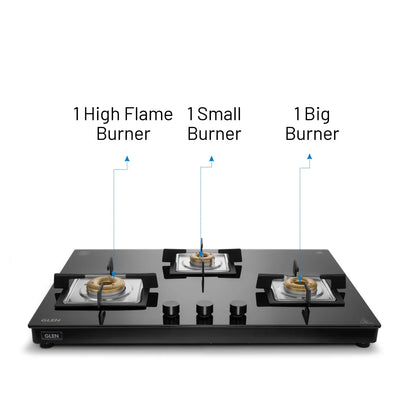 Glen 3 Burner Hob Ultra Slim Free Standing Auto Ignition Hob Top | Built-In Hob Free Standing Hob | 8 MM Toughened Glass | Black | Forged brass burners | Warranty 2 Years Standard | (BH1073USBL75)