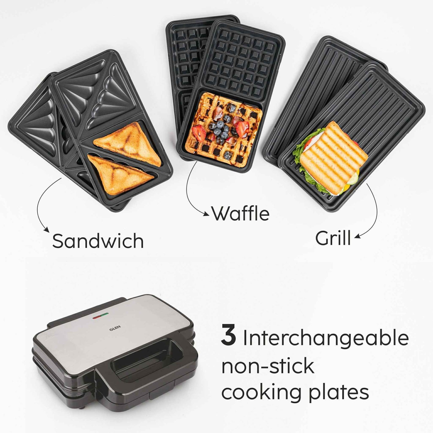 Electric Jumbo Multi Snack Maker with 3 sets of Sandwich, Grill & Waffle Non-Stick Plates, 1000W - (SA3023JMSM)