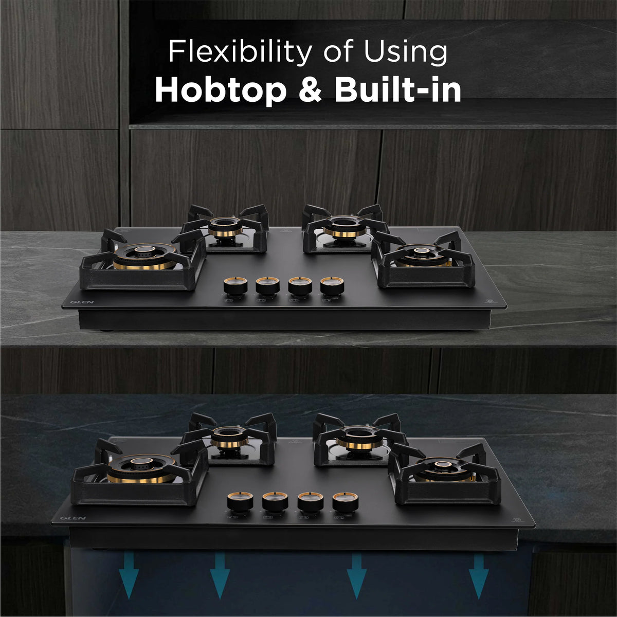 Glen 4 Burner DFVS Matt Glass Hob with 2 Triple Ring Total Brass Burners Auto Ignition – BH1074DFTHT2TRMG
