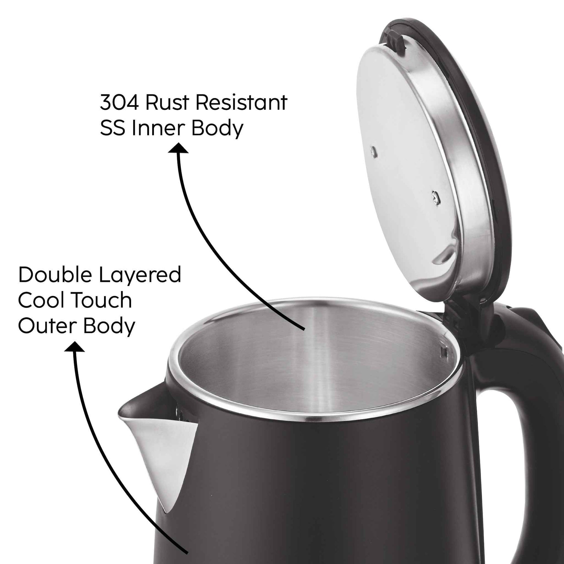 Electric Kettle 1.8 Litre Plastic Clad Stainless Steel, 360° Rotation Base, Auto Shutoff, 1500 W (SA-9007BLACK)