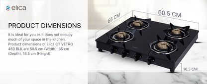 Elica Vetro Glass Top 4 Burner Gas Stove (CT VETRO 460 BLK)Open,Black