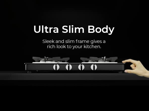 Sunshine Storm - Aircross 4 Burner | Ultra Slimmest 4 Burner Gas Stove | Tempered Glass, Forged Brass Burner, 360°Rotating Brass Gas Nozzle | Manual Ignition | LPG Ready & PNG Compatible (Premium - Black)
