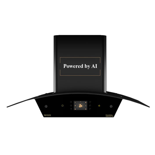Beyond Appliances Arista 90cm Auto Clean Curve Kitchen Chimney | 1408 CMH Suction | Filterless | Smart AI Dashboard, Motion Sensor & Speakers | Touch Control | Radio | Whistle Counter | Black Kitchen Etto