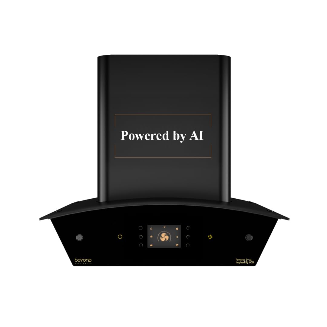 Beyond Appliances Arista 60cm Auto Clean Curve Kitchen Chimney | 1408 CMH Suction | Filterless | Smart AI Dashboard, Motion Sensor & Speakers | Touch Control | Radio | Whistle Counter | Black Kitchen Etto