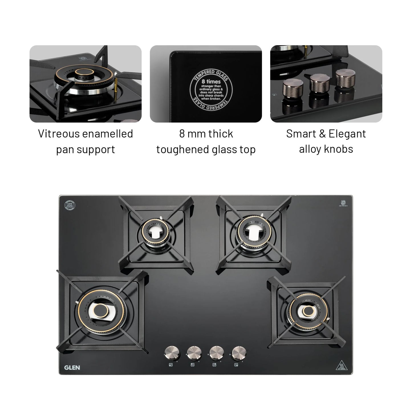 4 Burner DFVS Glass Hob with 2 Triple Ring Forged Brass Burners Auto Ignition (BH1074DFHT2TR77)