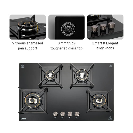 4 Burner DFVS Glass Hob with 2 Triple Ring Forged Brass Burners Auto Ignition (BH1074DFHT2TR77)
