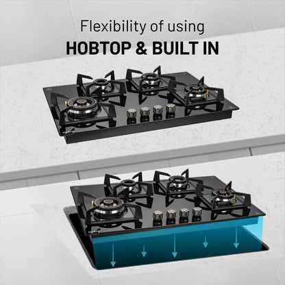 4 Burner DFVS Glass Hob with 2 Triple Ring Forged Brass Burners Auto Ignition (BH1074DFHT2TR77)