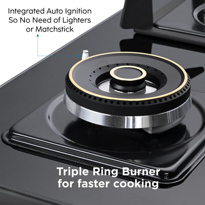4 Burner DFVS Glass Hob with 2 Triple Ring Forged Brass Burners Auto Ignition (BH1074DFHT2TR77)