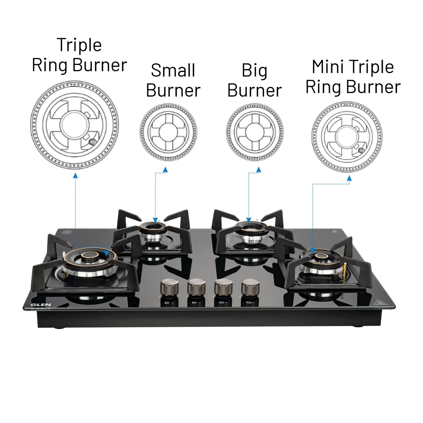 4 Burner DFVS Glass Hob with 2 Triple Ring Forged Brass Burners Auto Ignition (BH1074DFHT2TR77)