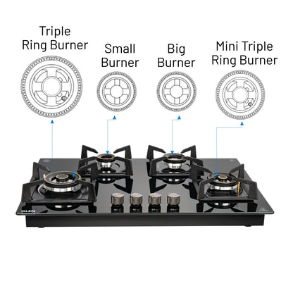 4 Burner DFVS Glass Hob with 2 Triple Ring Forged Brass Burners Auto Ignition (BH1074DFHT2TR77)