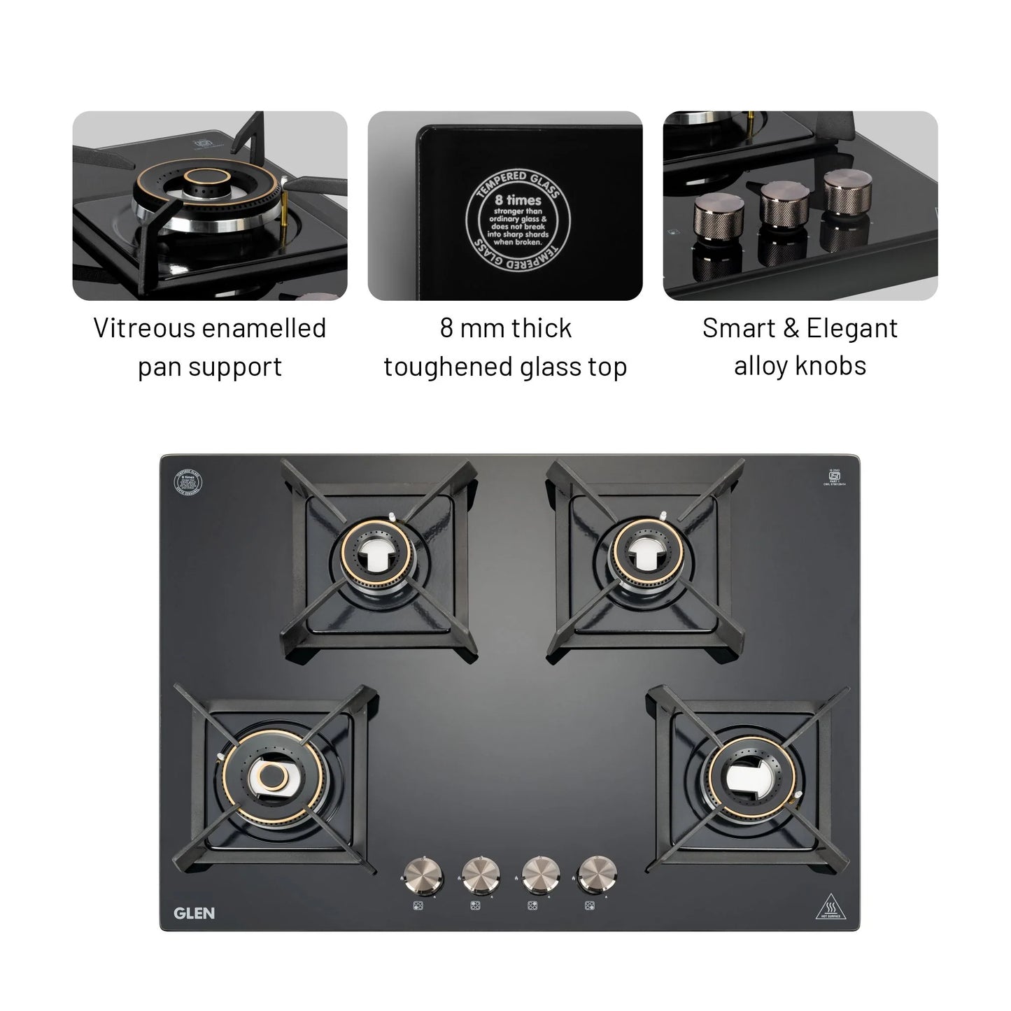 4 Burner DFVS Glass Hob with Mini Triple Ring Forged Brass Burner Auto Ignition (BH1074DFHTMTR70)