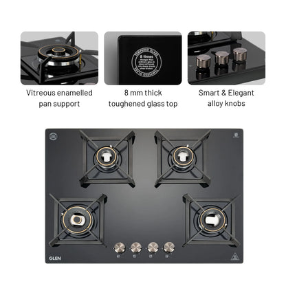 4 Burner DFVS Glass Hob with Mini Triple Ring Forged Brass Burner Auto Ignition (BH1074DFHTMTR70)