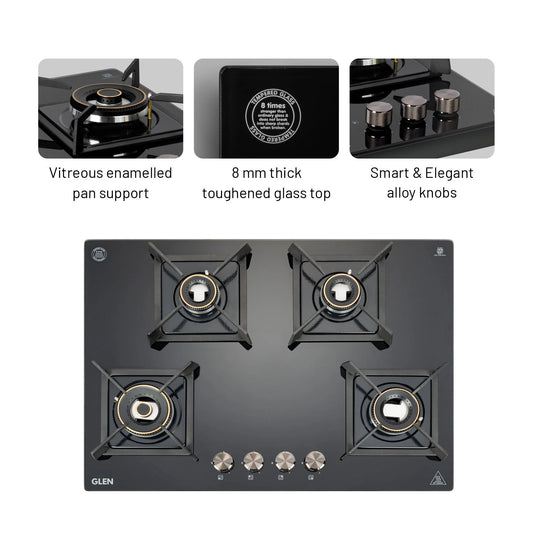 4 Burner DFVS Glass Hob with Mini Triple Ring Forged Brass Burner Auto Ignition (BH1074DFHTMTR70)