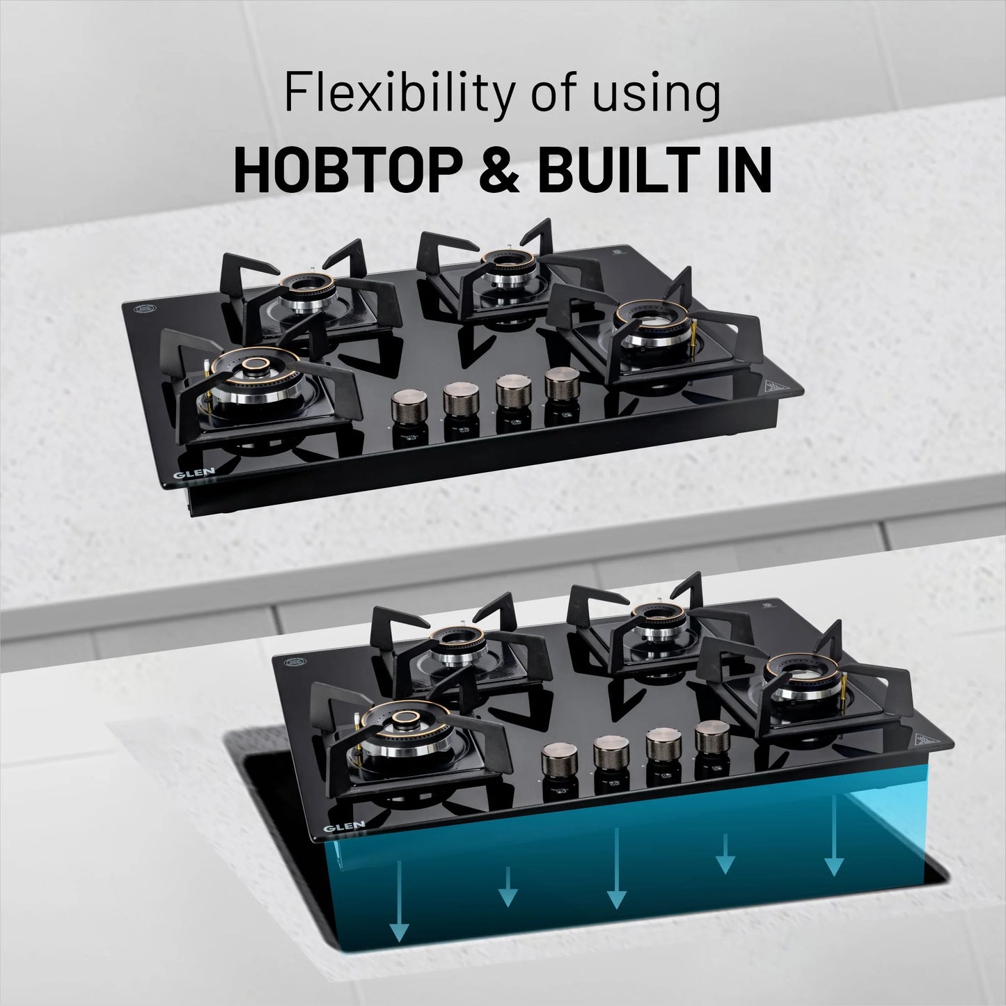 4 Burner DFVS Glass Hob with Mini Triple Ring Forged Brass Burner Auto Ignition (BH1074DFHTMTR70)