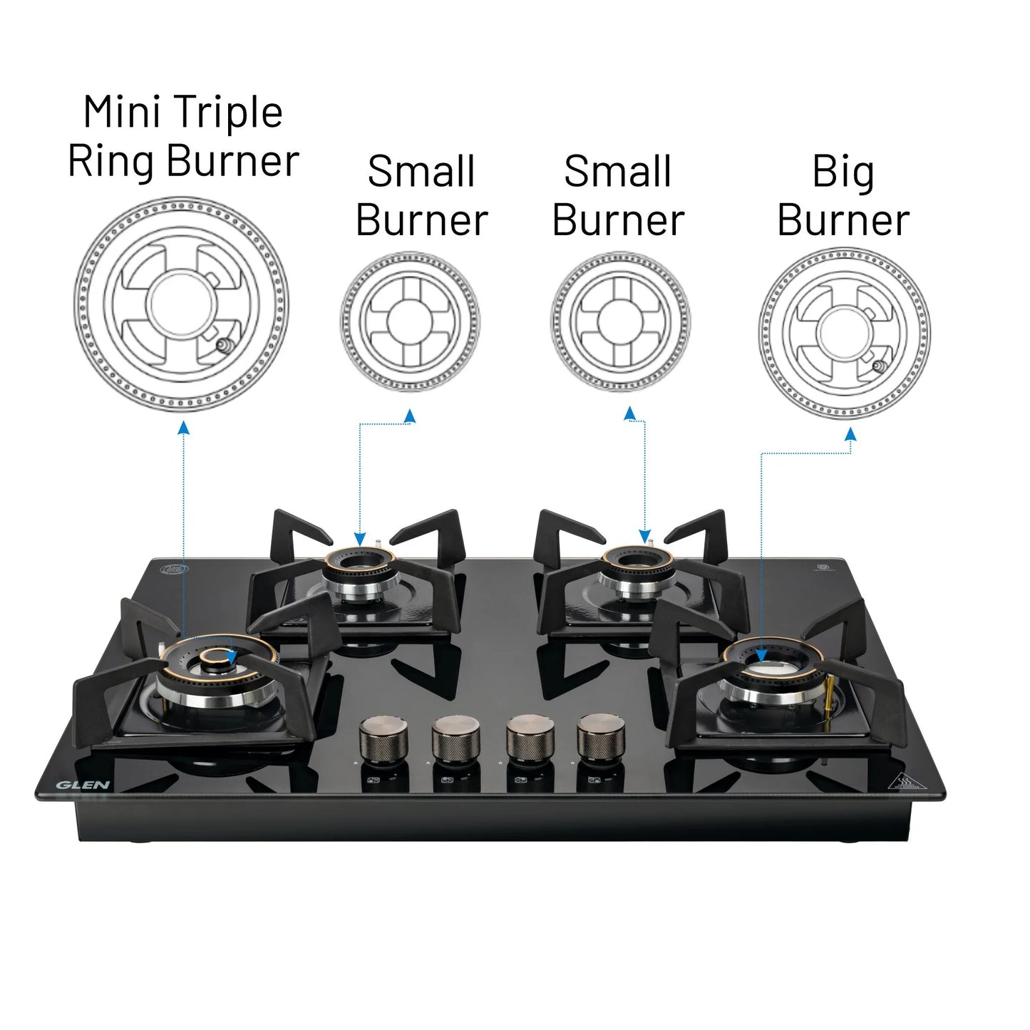 4 Burner DFVS Glass Hob with Mini Triple Ring Forged Brass Burner Auto Ignition (BH1074DFHTMTR70)