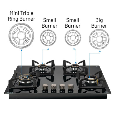 4 Burner DFVS Glass Hob with Mini Triple Ring Forged Brass Burner Auto Ignition (BH1074DFHTMTR70)