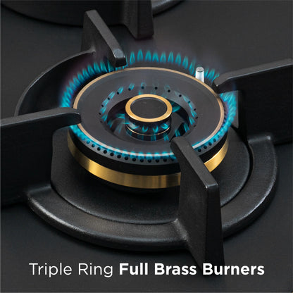 4 Burner DFVS Matte Glass Hob Top 2 Triple Ring Full Brass Burners Auto Ignition (BH-1074RCIHTDFT2TRMG)